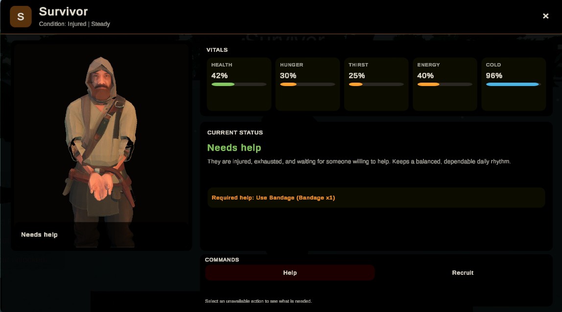 Worldis survivor recruitment panel showing vitals, status, and Help/Recruit commands